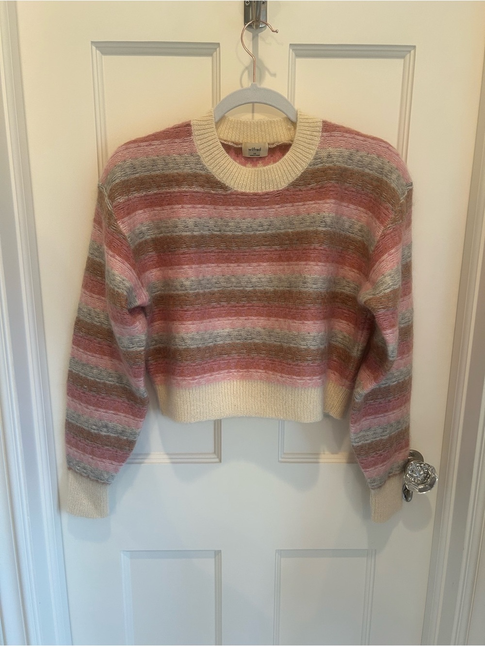 Aritzia Wilfred Striped Cropped Sweater in Pink, Cream, and Brown, Blue